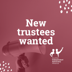 Muted red background with a megaphone, white decorations and SIAA logo. Text reads: 'New trustees wanted'.