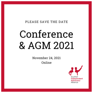 White background with red framework and SIAA logo. Text reads 'Please save the date. Conference & AGM 2021. November 24, 2021. Online.'