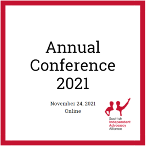 White background with red frame and SIAA logo. Text reads: Annual Conference 2021. November 24, 2021 Online